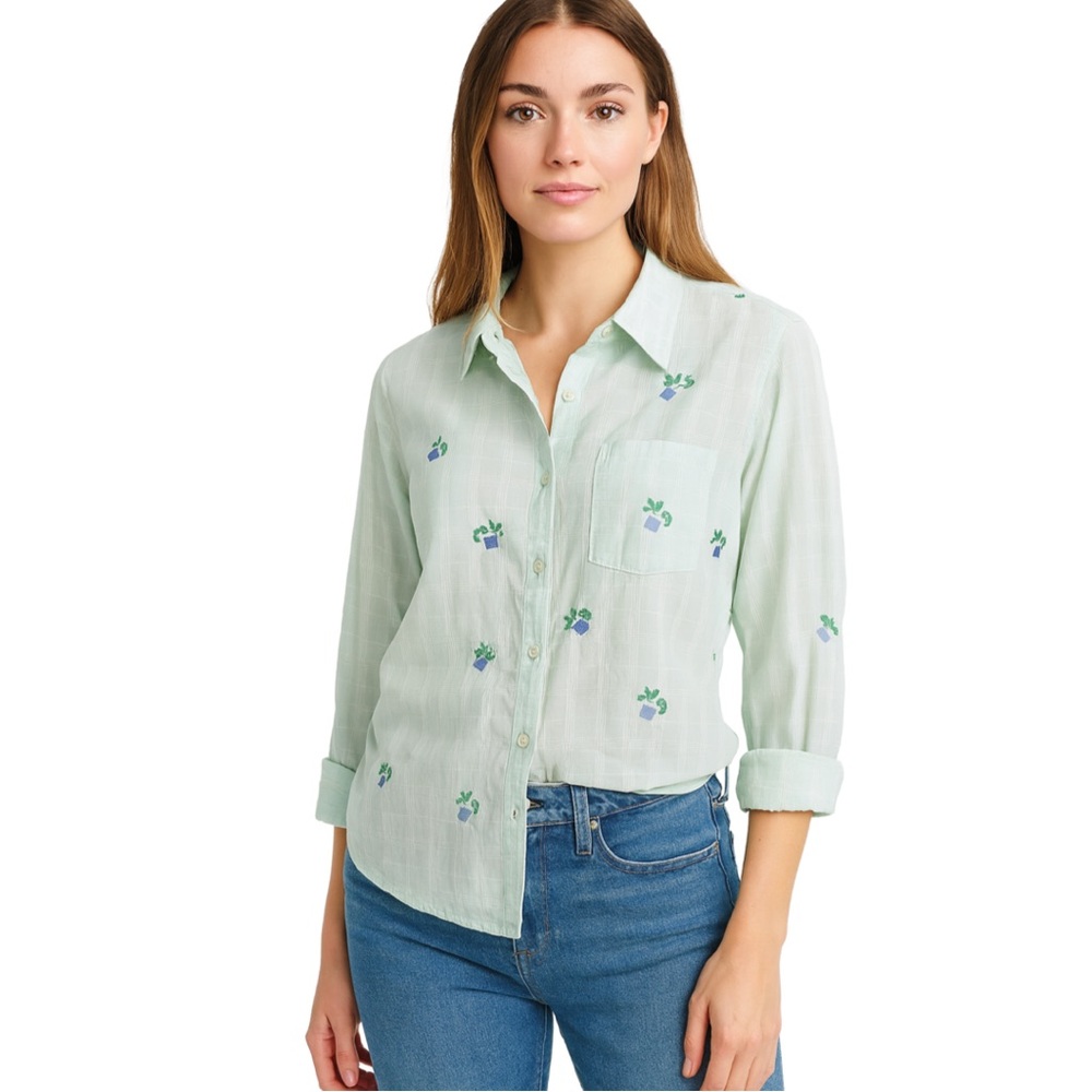 NWT Lucky Brand Mint Green Cocktail Embroidered Button Down Shirt, Size L